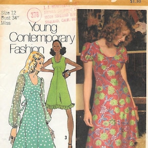 1970s Simplicity 5015 High Waist Dress with Scoop Neck and Two Lengths Vintage Sewing Pattern Size 12 Bust 34 Sleeveless Ankle Length