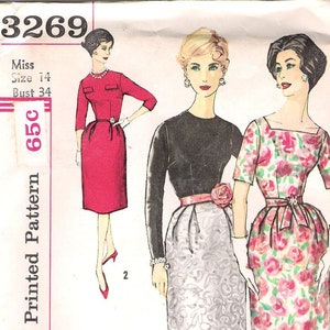 1950s Simplicity 3269 Fit and Flare Cocktail Dress with Square or Round Neck Vintage Sewing Pattern Size 11 or 14 Bust 31 or 34 UNCUT