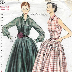 1950s Simplicity 3848 Tucked Front Full Gathered Skirt Dress Vintage Sewing Pattern Size 14 Bust 32 Sleeveless Dress