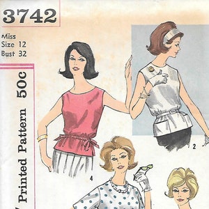 Close Out/ BOGO 1960s Simplicity 3742 Misses Pullover Tops Sleeveless or Short Sleeves Vintage Sewing Pattern Size 12 Bust 32 UNCUT image 1