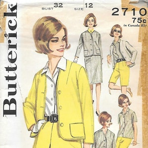 Può includere: Modello di cucito Butterick vintage con una donna in tailleur giallo e altri outfit. Il numero del modello è 2710, con un busto di 32 e una taglia 12. Il prezzo è di 75c.
