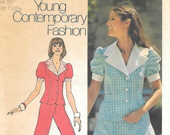 1970s Simplicity 5472 Princess Seam Two-Piece Dress or Pants Suit with Contrast Collar Vintage Sewing Pattern Size 11 Bust 34