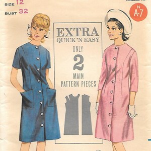 May include: Vintage Butterick sewing pattern featuring two women modeling dresses. The pattern includes a blue dress with pockets and a pink dress. The text reads "EXTRA QUICK 'N EASY ONLY 2 MAIN PATTERN PIECES".