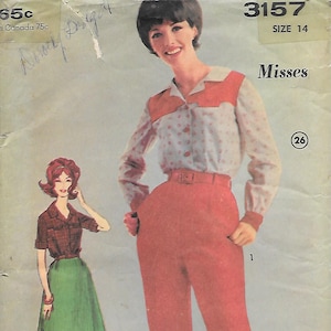 1960s Advance 3157 Rockabilly Pants Skirt and Western Style Blouse Vintage Sewing Pattern Size 14 Bust 34 Contrast Yoke image 1