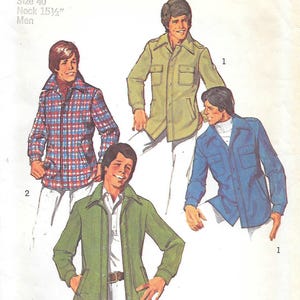 Modello di cucito vintage per giacca-camicia da uomo senza fodera Simplicity 6643 degli anni '70, torace 40, collo 15 1/2, tasche a filetto o applicate
