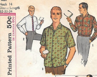 1960s Simplicity 5029 Mens Shirts Proportioned Fit Vintage Sewing Pattern Neck 14 Sleeve 32 33 34 Sports Dress Shirt