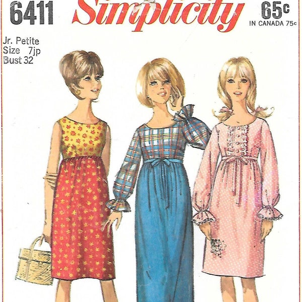 1960s Simplicity 6411 High Waisted Dress in Two Lengths Vintage Sewing Pattern Junior Petite 7 Bust 32 Sleeveless
