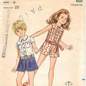 May include: Vintage Butterick pattern 5664 for children's clothing. The illustration shows two children wearing outfits. One child is wearing a white shirt and blue shorts, the other a romper with a red belt. The pattern includes sizes 2, 3, 4, 5, and 6.