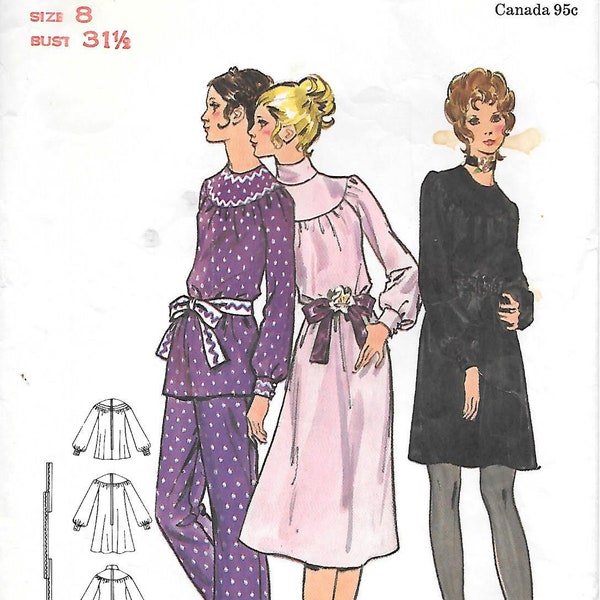 1970s Butterick 6046 Boho Flared Dress or Tunic with Gathered Yoke and Pants Vintage Sewing Pattern Size 8 Bust 31 1/2 Long Sleeves