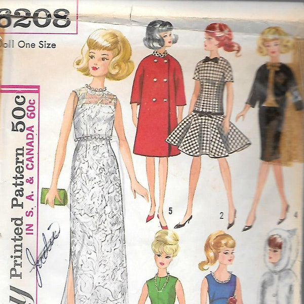 1960s Simplicity 6208 Barbie Doll Wardrobe Vintage Sewing Pattern 11 1/2 inch doll Formal Coat Suit Fashion Doll