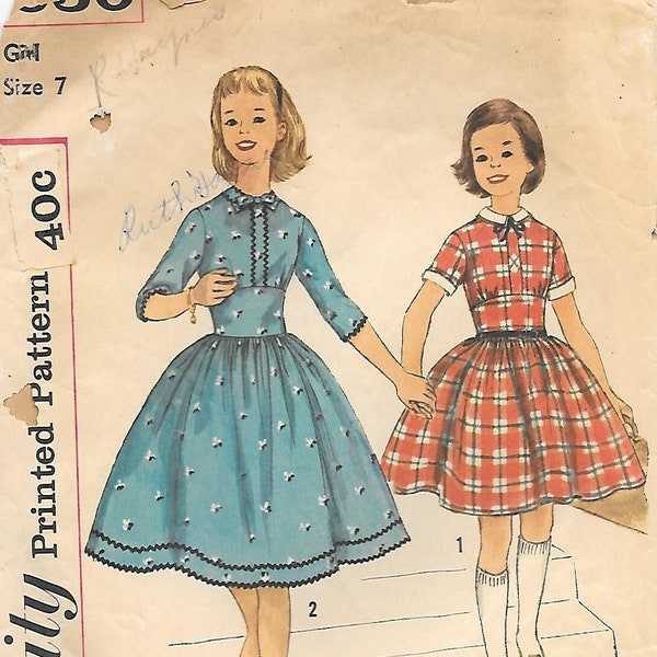 1950s Simplicity 2630 Girls Fit and Flare Dress Vintage Sewing Pattern Size 7 Breast 25 Cummerbund Style Bodice