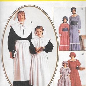 May include: McCall's Costumes pattern 8335 for size small (8, 10) featuring illustrations of historical-style dresses, aprons, bonnets, and bodices. The envelope displays three variations labeled A, B, and C, showcasing long-sleeved gowns with various patterns, colors, and accessories for children and adults.
