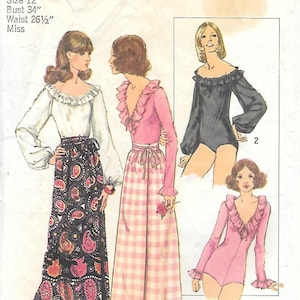 Jaren 70 Simplicity 5360 Romper met ruches aan de halslijn en lange omslagrok Vintage naaipatroon maat 12 buste 34 voor stretchbreisels