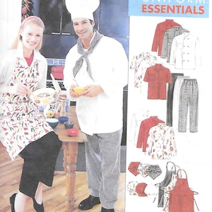 May include: McCall's sewing pattern 2233 for uniform essentials. The pattern includes options for chef coats, aprons, and trousers. The image shows a chef and a woman wearing the uniform.