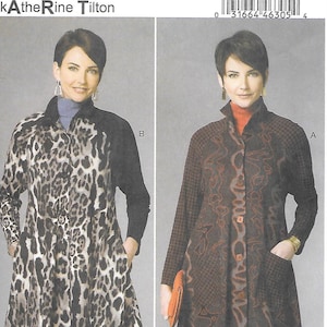 May include: Butterick sewing pattern B6254. The pattern features two long coats. One coat has a black and leopard print design, and the other has a brown and black pattern with orange accents. The pattern includes sizes X-Small, Small, and Medium.