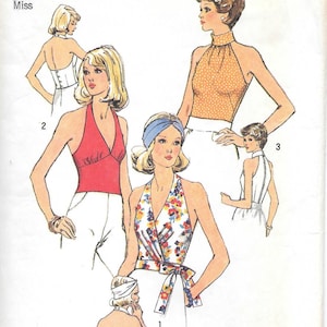Patrón de costura vintage para blusas halter Simplicity 6358 de los años 70, talla 12, busto 34, sin mangas