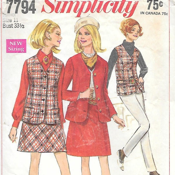 1960s Simplicity 7794 Mod Suit with Jacket Vest and Skirts Vintage Sewing Pattern Junior Size 11 Bust 33 1/2 Mini Skirt