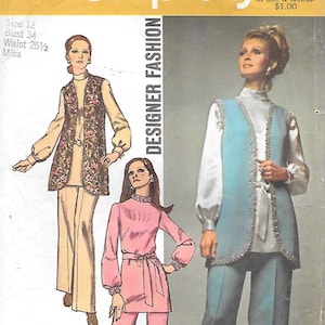 1970er Jahre Einfachheit 9077 Misses Tunika mit Weste und Hose, Vintage Schnittmuster, Größe 40