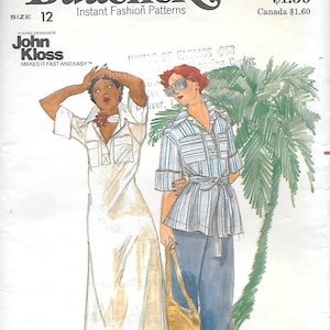 May include: Vintage Butterick sewing pattern featuring two fashion illustrations. The pattern includes a long white dress and a striped shirt with blue pants. The text on the pattern reads "Instant Fashion Patterns" and "John Kloss".