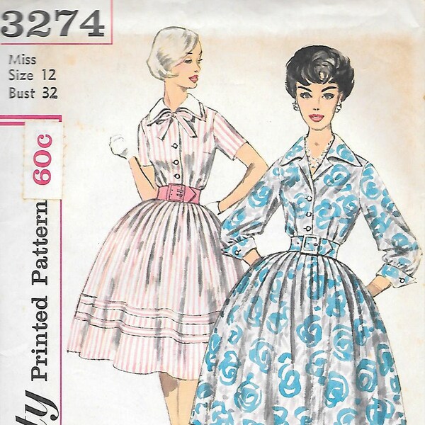 Robe chemisier simplicité 3274 non-coupe des années 1960 avec collier Vintage couture patron taille 12 pleine jupe amovible