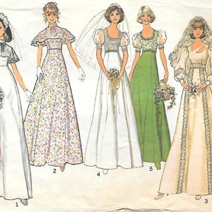 1970s Simplicity 6940 Empire Waist Wedding Dress with Scoop Neck and Puffed Sleeves Vintage Sewing Pattern Size 10 Bust 32 1/2 Prom