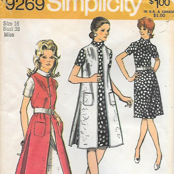 Simplicity 9269 1970s A Line Dress with Stand Up Collar and Vest Coat Vintage Sewing Pattern Bust 38