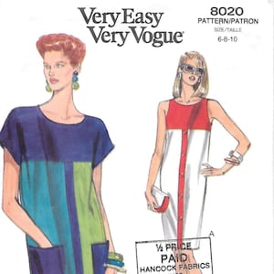 1990s Vogue 8020 Color Block Short or Sleeveless Shift Dress Vintage Sewing Pattern Sizes 6 to 10 Bust 30 1/2 to 32 1/2