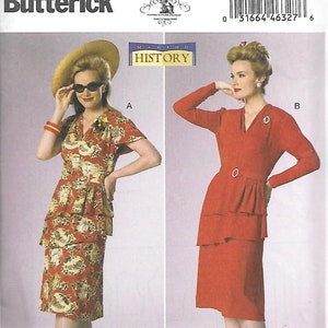May include: A vintage sewing pattern from Butterick, B6266, featuring two dress designs. One dress is a red, yellow, and white floral print with a peplum. The other is a solid red dress with a peplum and long sleeves. The pattern includes sizes A5 (6-8-10-12-14).