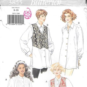 May include: Butterick sewing pattern 3855 featuring tunic tops and vests. The pattern includes illustrations of various styles, including a white tunic with pleats, and vests with patterned designs. Size 8-10.