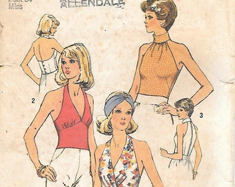 1970s Simplicity 6358 Misses Halter Tops Vintage Sewing Pattern Size 12 Bust 34 Sleeveless