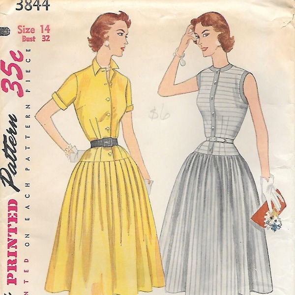 1950s Simplicity 3844 Drop Waist Soft Pleat Summer Dress Vintage Sewing Pattern Size 14 Bust 32 UNCUT