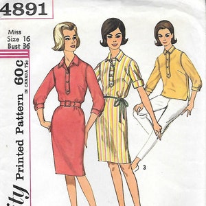 May include: Vintage Simplicity sewing pattern 4891 showing three women's fashion designs. The designs include a red dress with a belt, a striped dress with a tie, and a yellow top with white trousers. The pattern is for Miss size 16, bust 36 inches.