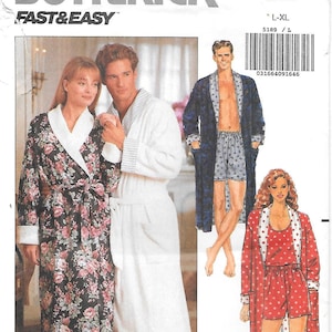 May include: Butterick pattern 5189 for robes and sleepwear. The image shows a variety of robe and sleepwear designs, including a floral print robe, a white terrycloth robe, and a red polka dot sleep set. The pattern includes sizes L-XL.