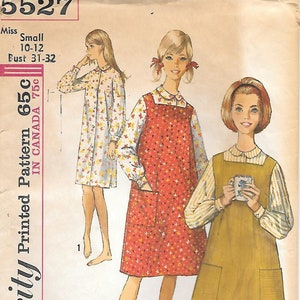 May include: Vintage Simplicity sewing pattern featuring three dress designs. The pattern includes a long-sleeved dress with a floral print, a red jumper dress with star accents, and a mustard-colored jumper dress.