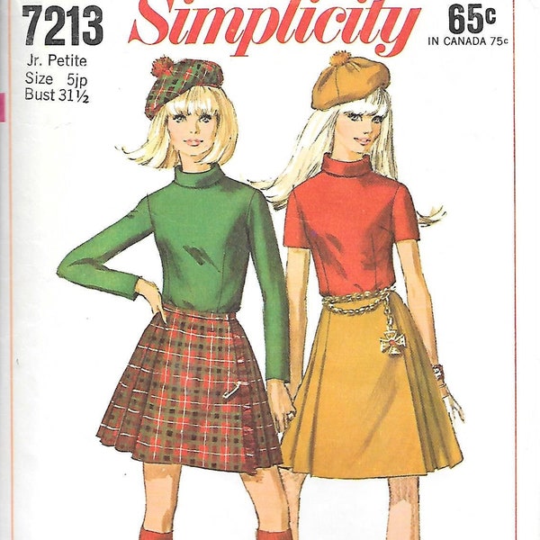 1960s Simplicity 7213 Kilt Beret and Bias Roll Collar Top Vintage Sewing Pattern Size 5 Junior Petite Bust 31 1/2 Pleated Skirt