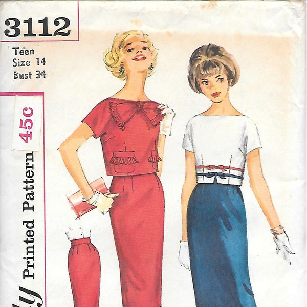 1950s Simplicity 3112 Fitted Skirt with Midriff Top Vintage Sewing Pattern Size 14 Bust 34 Rockabilly Wiggle Skirt UNCUT