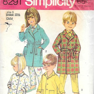 May include: Vintage Simplicity pattern 8291 for children's pajamas. The pattern features illustrations of children in various pajama styles, including a teal robe, a plaid robe, and floral and solid-colored sets. The size is 5, with a 23.5-inch breast measurement.