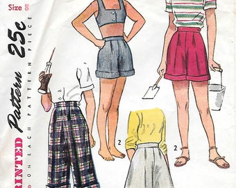 Girls 8-Simplicity 2819 1940s Pleated Pedal Pushers and Shorts Vintage Sewing Pattern