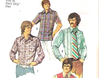 1970s Simplicity 5047 Mens Dress or Casual Shirt and Vest Vintage Sewing Pattern Chest 36 Neck 14 1/2