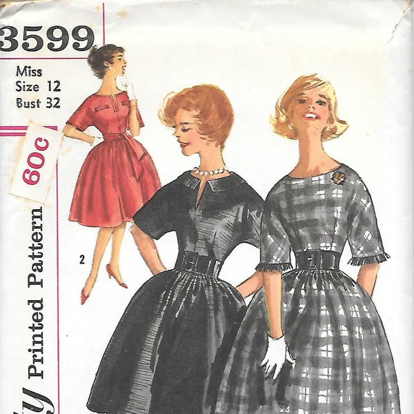 1960s Simplicity 3599 Fit and Flare Bell Shaped Skirt Dress with Kimono Sleeves Vintage Sewing Pattern Size 12 Bust 32 UNCUT