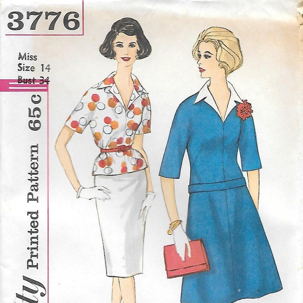 1960s Simplicity 3776 Kimono Sleeve Overblouse with Fitted or Flared Skirt Vintage Sewing Pattern Size 14 Bust 34 UNCUT