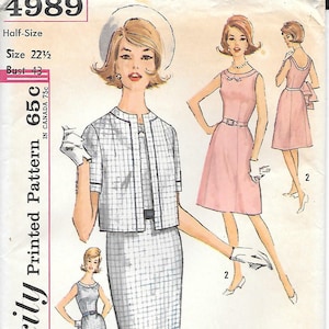 May include: Vintage Simplicity sewing pattern 4989. The pattern features illustrations of a half-size dress and jacket ensemble, and a pink dress. The pattern includes measurements for a 22.5-inch waist and a 43-inch bust. The pattern is marked 65c.