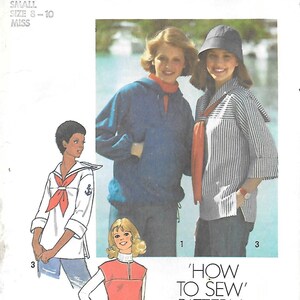 May include: Simplicity sewing pattern 7564 featuring illustrations of various tops, including a striped shirt, a sailor-style shirt, and a red tunic. The pattern includes instructions for sizes 8-10.