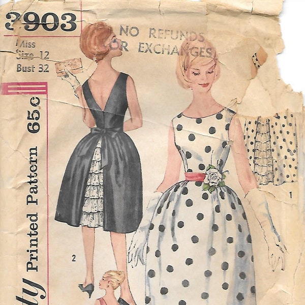 1960s Simplicity 3903 Misses Cocktail or Formal Dress with Exposed Back Ruffle Vintage Sewing Pattern Size 12 Bust 32 Sleeveless