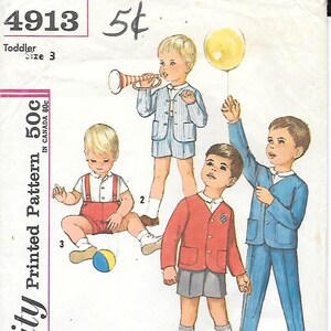 May include: Vintage Simplicity pattern 4913 for toddler size 3 clothing. The pattern features illustrations of children in various outfits, including shorts sets, a red cardigan, and a blue suit. The pattern includes the text "Simplicity Printed Pattern 50c".