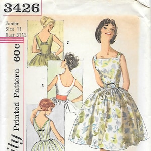 1960s Simplicity 3426 Sleeveless Fit and Flare Dress Vintage Sewing Pattern Scoop Back Size 10 or 11 Bust 30 or 31.5 Bridesmaid UNCUT