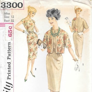1960 Simplicity 3300 Slim Fit Dress with Reversible Short Jacket Vintage Sewing Pattern Size 12 or 15 Bust 32 or 35 Cocktail Dress UNCUT