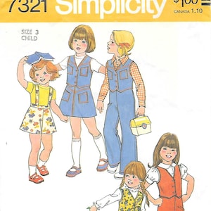 1970s Simplicity 7321 Childs Pants Vest Skirt with Suspenders Vintage Sewing Pattern Size 3