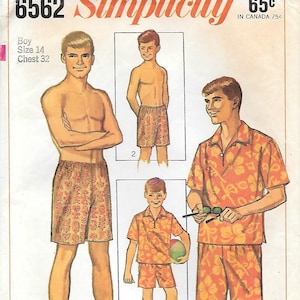 1960s Einfachheit 6562 Jungen Pullover Shirt und Badeshorts Vintage Schnittmuster Größe 14 Brust 32 Tiki Surfer
