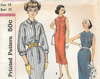 1950s Simplicity 2341 Shirtwaist Sheath Dress Sewing Pattern Size 12 Bust 32 Sleeveless Slim Fit